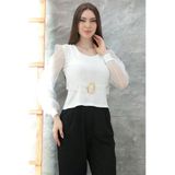 Tokalı Tül Kollu Bluz Beyaz T4071