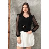 Tokalı Tül Kollu Bluz Siyah T4071 - M