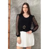 Tokalı Tül Kollu Bluz Siyah T4071