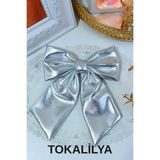 TOKALİLYA Kadın deri görünümlü silver gümüş metalik parlak otomatik klips fiyonk toka