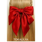 TOKALİLYA Kadın Kırmızı saten fiyonk metal klipsli saç tokası