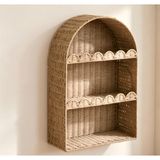 Tokenhigh 3 katlı duvar rafı, rattan, 60 x 40 x 13 cm, bohem kemerli raf | El örgüsü askılı raf, kitap, bebek, kıyafet, çocuk odası, oturma odası, yatak odası için