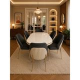 Tokyo Gold Serisi Krem-Füme Kumaş 6 Kişilik 90×168 Oval Beyaz Lake Panel Yemek Masası Takımı – Modern Luxury