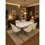 Tokyo Krom Serisi Krem-Krem Kumaş 6 Kişilik 90×168 Oval Beyaz Lake Panel Yemek Masası Takımı – Modern Luxury