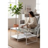 Tolia Home Modern Beyaz Renk 3 Katlı Metal Iskeletli Şeffaf Temper Camlı Dikdörtgen Orta Sehpa - Beyaz - Beyaz - Şeffaf