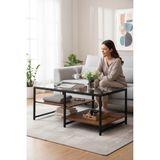 Tolia Home Modern Ceviz-Siyah Renk 3 Katlı Metal İskeletli Şeffaf Temper Camlı Dikdörtgen Orta Sehpa