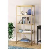 TOLIAHOME Modern 5 Katlı Gold Renk Metal İskeletli Cam Raflı Kitaplık Aksesuar Rafı