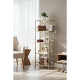 TOLIAHOME Modern 5 Katlı Gold Renk Metal İskeletli Temperli Cam Raflı Kitaplık Aksesuar Rafı