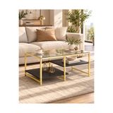 TOLIAHOME Modern Siyah-Gold Renk 3 Katlı Metal İskeletli Şeffaf Temper Camlı Dikdörtgen Orta Sehpa