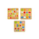 Tollihy Brinco Ahşap Montessori Büyük Boy Kabartmalı 3 Lü Bultak Puzzle Seti ( Alfabe - Geometrik Şekiller Çubuklar ve Sayılar )