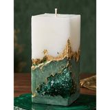 Tolu Kaide Orkide Kokulu Soya Wax Mum 6*6*13 cm Küp Yeşil Altın Varaklı El Yapımı Dekoratif Obje Kristal Cam Taş Beton Taştozu Silindir Blok Kütük Kandil Şamdan Parafin Epoksi Reçine Tealight Mumluk - 1 Adet