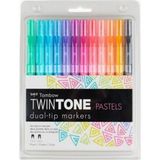 Tombow Twin Tone 12 Parça Pastel Tonlar Çift Uçlu Keçeli Kalem Seti - 0.3mm-0.8mm Renkli Desensiz