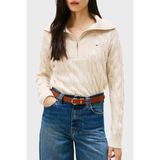Tommy Hilfiger % 100 Yün Relaxed Fit Yarım Fermuarlı Dik Yaka Örgü Kazak Bayan Kazak WW0WW46425 Adk - Bej - XL