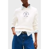 Tommy Hilfiger Baskılı Pamuklu Oversize Fit Yuvarlak Yaka Kısa Kazak Bayan Kazak WW0WW46267 Ya8 - Beyaz