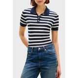 Tommy Hilfiger Çizgili Ipek Karışımlı Kısa Kollu Düğmeli Polo Yaka Kazak Bayan Polo Yaka Kazak WW0WW48503 0A5 - Lacivert - Beyaz - XS