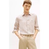 Tommy Hilfiger Erkek Normal Kesim Çizgili Logo Bayrak Nakışlı Saf Keten Kahverengi Gömlek MW0MW42400-0BK - XL