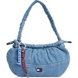 Tommy Hilfiger Kadın Denim Kumaş Fermuar Kapama Tommy Logo Aksesuar Denim Omuz Çantası AW0AW18883-1A4 - Mavi