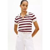 Tommy Hilfiger Kadın Kalın Renk Çizgili Düğme Kapama Belden Kısmı Ip Bağlamalı Beyaz Polo Yaka T-Shirt WW0WW49247-03L - XS