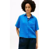 Tommy Hilfiger Kadın Normal Kalıp Bayrak Logo Işlemeli Cep Detaylı Kısa Kollu Keten Mavi Gömlek WW0WW48925-C4U - XS