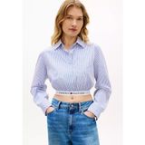 Tommy Hilfiger Kadın Normal Kalıp Çizgi Desenli Logo Detaylı Elastik Bel Bantlı Pamuklu Uzun Kollu Mavi Gömlek WW0WW48903-0Y9