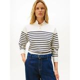 Tommy Hilfiger Kadın Normal Kalıp Düşük Omuzlu Gold Düğme Detaylı Çizgi Desenli Balıkçı Yaka Beyaz-Lacivert Kazak WW0WW47467-0X2 - XL