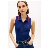 Tommy Hilfiger Kadın Normal Kalıp Kolsuz Dokuma Kumaş Mavi Polo Yaka T-Shirt