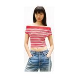 Tommy Hilfiger Kadın Off Shoulder Çizgili Kazak - Ateş Kırmızı - XS