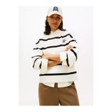 Tommy Hilfiger Kadın Rahat Kalıp Pamuklu Yuvarlak Yakalı Çizgili Desenli Uzun Kollu Bej Sweatshirt WW0WW48431-0AB
