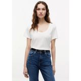 Tommy Hilfiger Kadın Regular Fit Keten ve Pamuk Karışımlı Açık Yuvarlak Yakalı Kısa Kollu Beyaz T-Shirt WW0WW48705-YBL