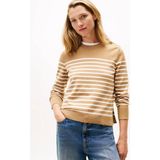 Tommy Hilfiger Kadın Saf Pamuklu Normal Kalıp Çizgili Gold Düğme Detaylı Uzun Kollu Örgü Bej Kazak WW0WW47305-0AF - XL