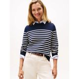 Tommy Hilfiger Kadın Saf Pamuklu Normal Kalıp Çizgili Gold Düğme Detaylı Uzun Kollu Örgü Lacivert Kazak WW0WW47305-0FI - XL