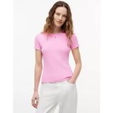 Tommy Hilfiger Kadın Slim Fit Yatay Çizgili Yuvarlak Yakalı Kısa Kollu Pembe T-Shirt DW0DW17383-TOU