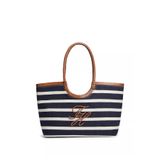 Tommy Hilfiger Kadın TH Logo Motifli Fermuarlı İç Cepli Çizgili Kanvas Lacivert Omuz Çantası