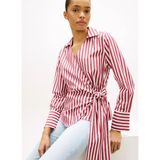 Tommy Hilfiger Kırmızı - Beyaz Kadın Çizgili Gömlek Poplın Knot Blouse Wıth Ls - 40