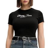 TOMMY HILFIGER TJW SLIM ESS LOGO 1 RIB TEE EXT Kadın T-shirt, Black, S