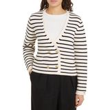 Tommy Hilfiger V Yaka Standart Çizgili Lacivert - Beyaz Kazak Kadın Breton Gold Button Ovrlp Cardı - XS