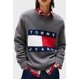 Tommy Jeans % 100 Pamuk Regular Fit Bisiklet Yaka Logolu Kazak Erkek Kazak DM0DM22105 Pu2 - Gri