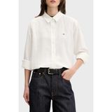 Tommy Jeans Logolu Keten ve Pamuk Karışımlı Uzun Kollu Gömlek Bayan Gömlek DW0DW22209 Ybl - Beyaz