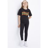 Tommy Life 75038 Oversize Renkli Yazı Baskılı Düşük Omuz O Yaka Siyah Kız Çocuk Crop T-Shirt