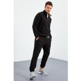 Tommy Life 85159 Yarım Fermuar Dik Yaka Lastik Paça Polar Siyah Erkek Eşofman Takımı