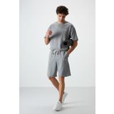 Tommy Life 85250 Gri Melanj Pamuklu Kalın Yumuşak Dokulu Oversize Fit Nakışlı Erkek Şortlu Takım