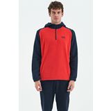 Tommy Life 88300 Kırmızı Fiesta Yarım Fermuarlı Kapüşonlu Renk Bloklu Standart Kalıp Polar Erkek Sweatshirt