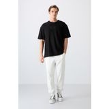 Tommy Life 88336 Siyah Pamuklu Kalın Yüzeyi Dokulu Oversize Fit Baskılı Erkek T-Shirt
