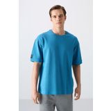 Tommy Life 88339 Petrol Mavi Pamuklu Kalın Yüzeyi Dokulu Oversize Fit Basic Erkek T-Shirt