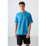 Tommy Life 88340 Petrol Mavi Pamuklu Kalın Yüzeyi Dokulu Oversize Fit Basic Erkek T-Shirt