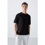 Tommy Life 88342 Siyah Pamuklu Kalın Yumuşak Dokulu Oversize Fit Baskılı Erkek T-Shirt