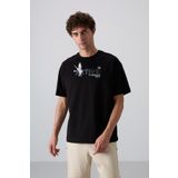 Tommy Life 88344 Siyah Pamuklu Kalin Yumusak Dokulu Oversize Fit Baskili Erkek T-Shirt