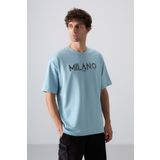 Tommy Life 88345 Açık Mavi Pamuklu Kalın Yumuşak Dokulu Oversize Fit Baskılı Erkek T-Shirt