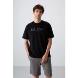 Tommy Life 88345 Siyah Pamuklu Kalın Yumuşak Dokulu Oversize Fit Baskılı Erkek T-Shirt