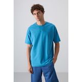 Tommy Life 88349 Petrol Mavi Pamuklu Kalın Yumuşak Dokulu Oversize Fit Basic Erkek T-Shirt